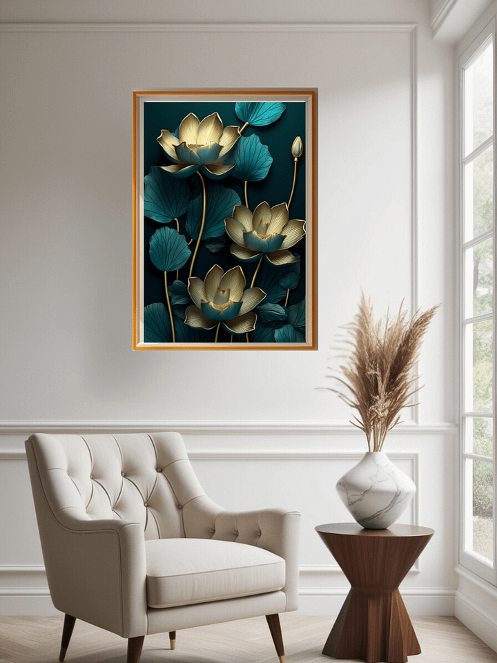 Elegant Lotus Embossed Printable Wall Art – Teal & Gold 3D Design product image (2)