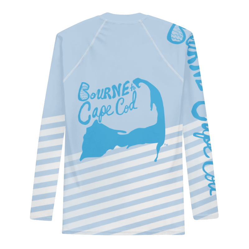 BRN.2C.C.™ /BOURNE to Cape Cod™ | Men’s Long Sleeve Rash Guard | UPF 50+ Active Coastal Shirt | Sky Blue Logos on Skyline Stirpes product image (8)