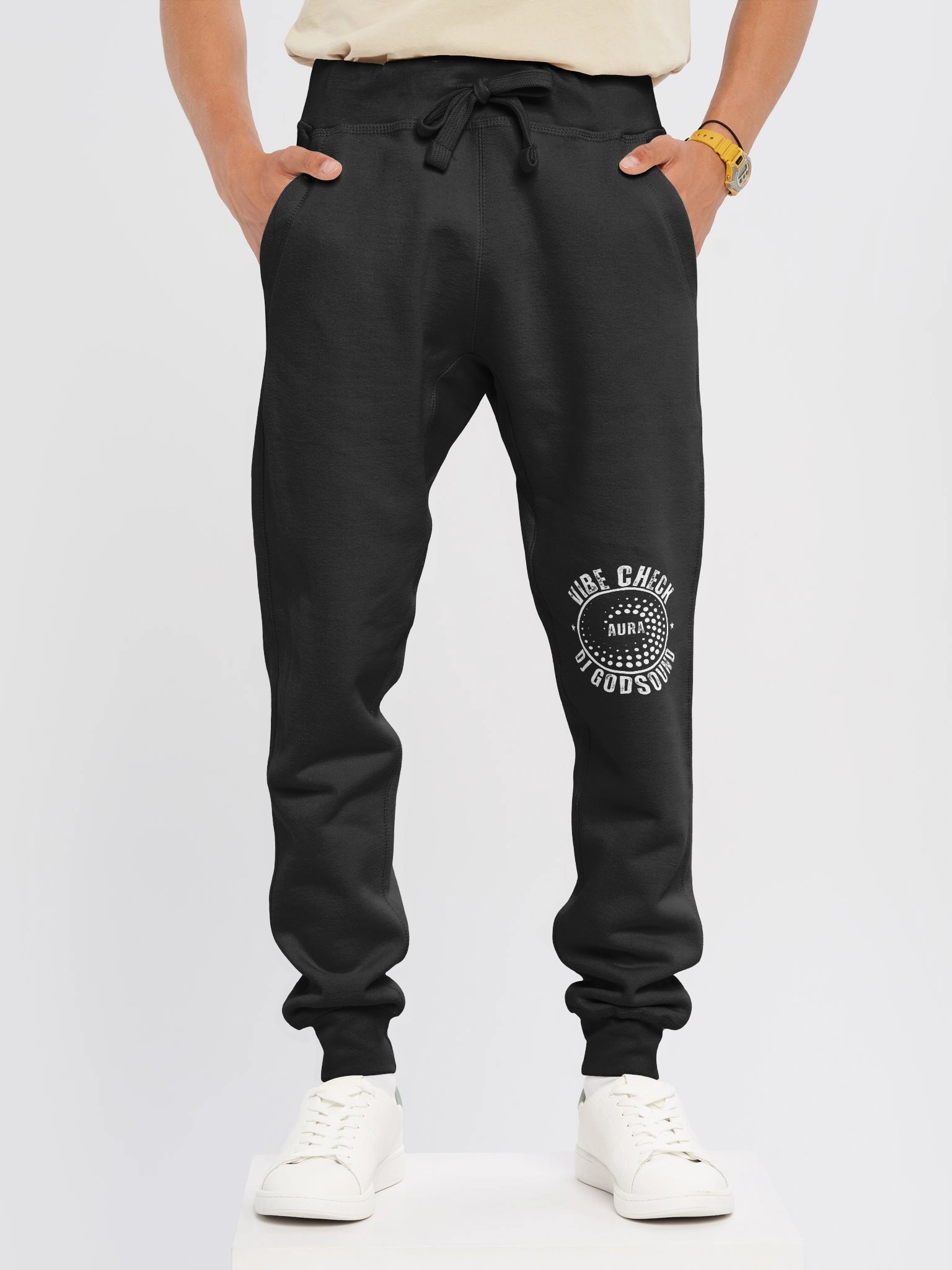 D.G.S. (DJ GodSOUND) Lane Seven Fleece Joggers "VIBE CHECK AURA" IN BLACK WITH WHITE FONT product image (3)