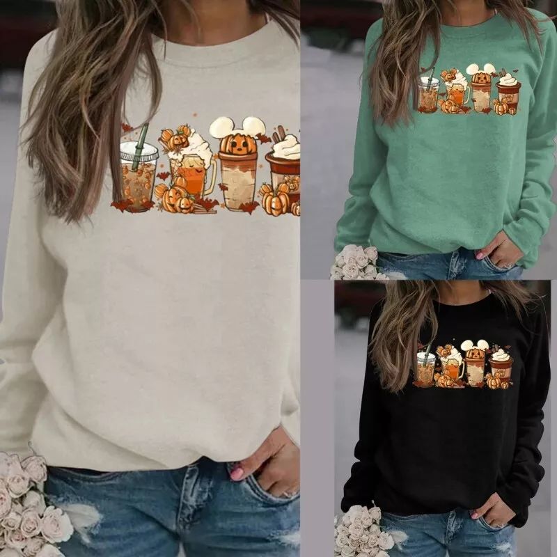 Long Sleeves Pumpkin Coffee Printed Round Neck Top for Daily Office School Girl product image (2)