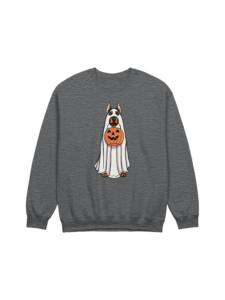 Funny Halloween Doberman Sweatshirt | Funny Doberman Wearing a Ghost Costume and Holding a Pumpkin Basket product image (1)