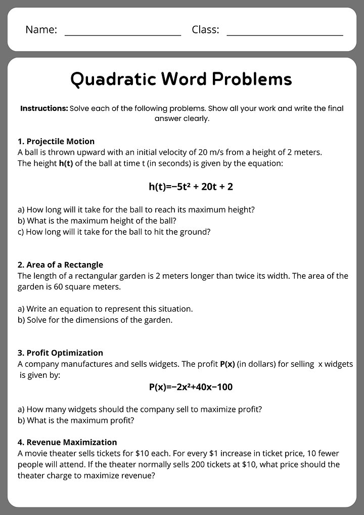 Quadratic Word Problems Worksheet | Printable PDF product image (1)