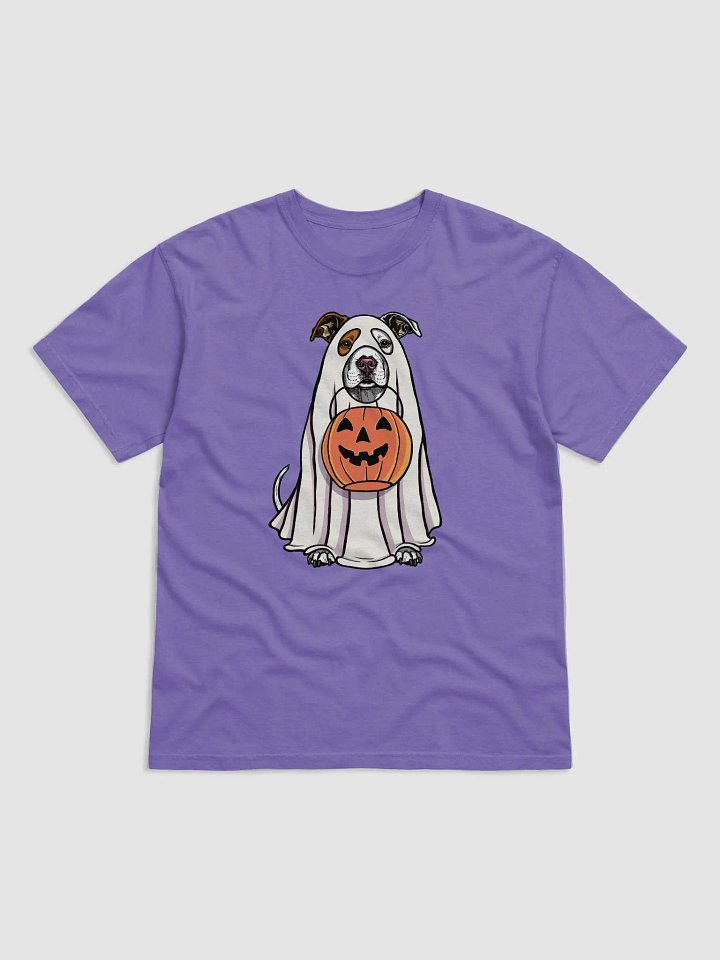 Funny Halloween Pitbull Terrier(White) T-Shirt | Funny Pittie Wearing a Ghost Costume and Holding a Pumpkin Basket product image (1)