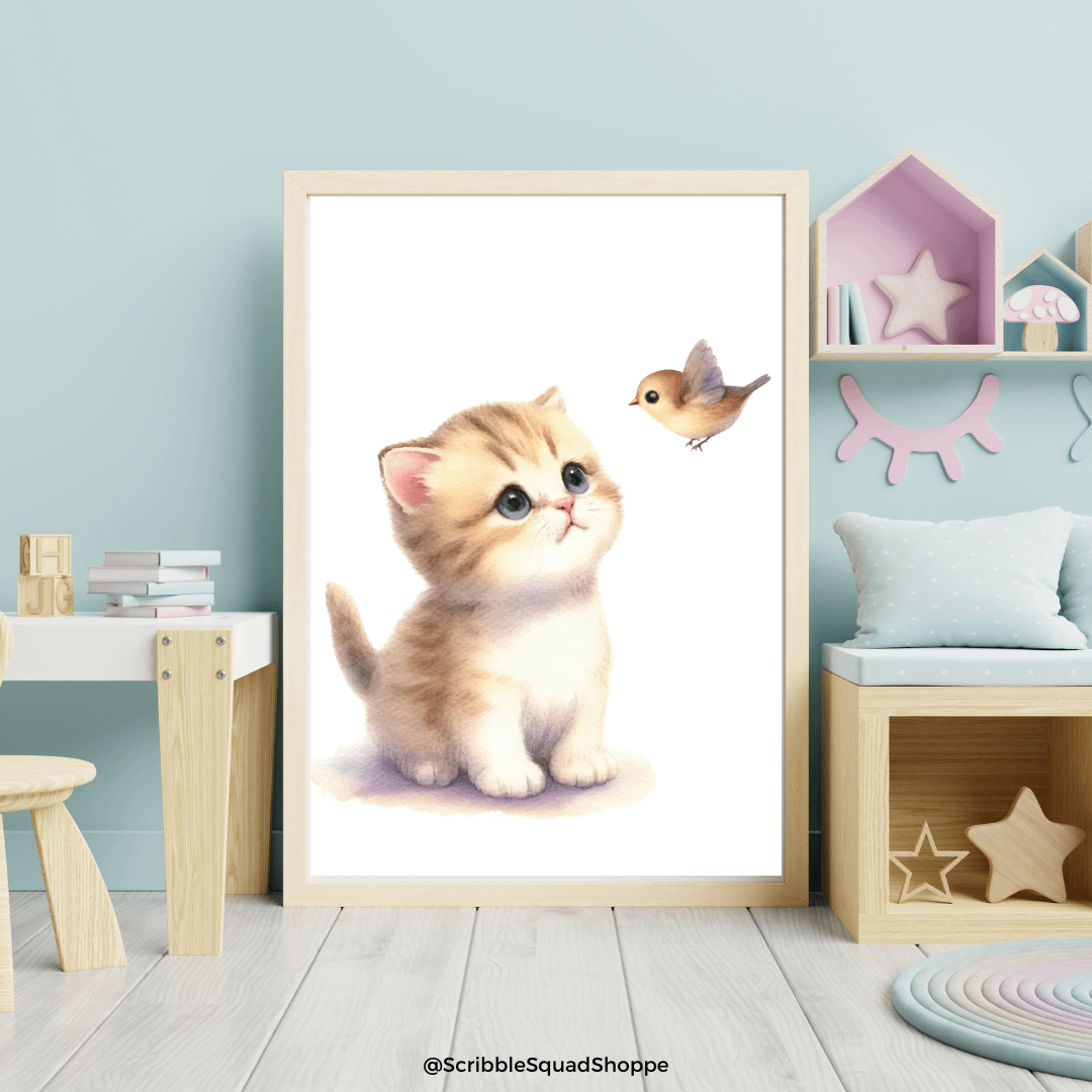 Curious Whiskers: Kitten Enchants Bird - Cute Digital Wall Art product image (1)