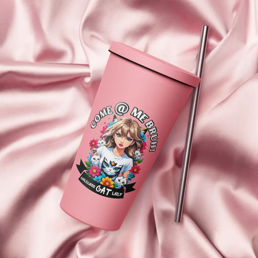 Childless Cat Lady 20 oz Tumbler Cup - Pink - Insulated Tumbler with a Straw product image (4)