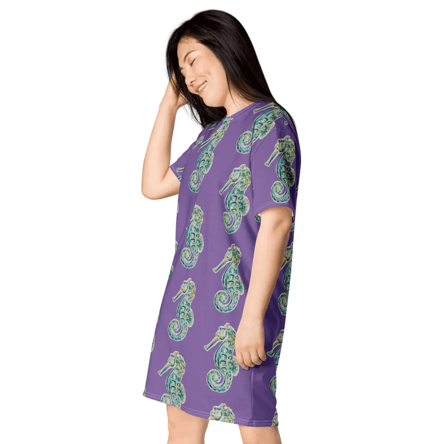 Women's | Ocean Majesty | Painted Seahorse | T-Shirt Dress | Coastal Oversized Dress | Ocean-Inspired Casual Style | Ce Soir Background product image (3)