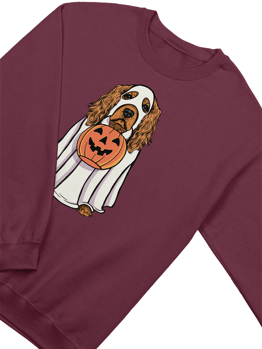Funny Halloween Cocker Spaniel Sweatshirt | Funny Cocker Spaniel Wearing a Ghost Costume and Holding a Pumpkin Basket product image (13)