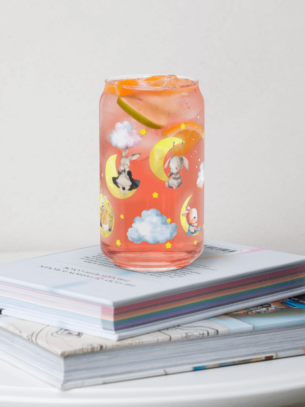 Bunny on the Moon Glass Sipper Can with Bamboo Lid & Straw – 16 oz | Whimsical Rabbit-Themed Can Glass | Cute Moon & Stars Design | Perfect for Iced Coffee, Smoothies, and More product image (7)
