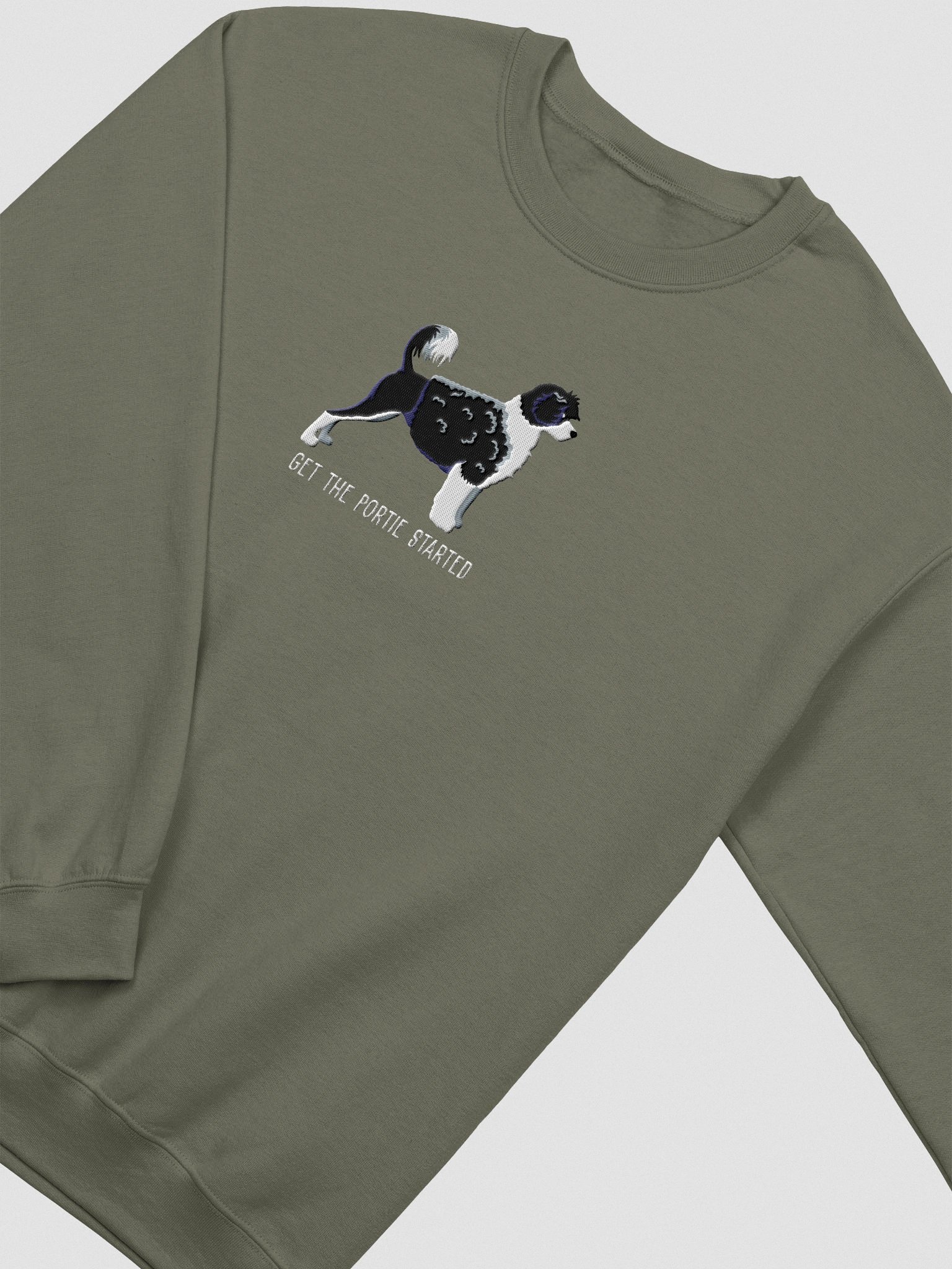 Get the Portie Started Sweatshirt (Embroidered) of a Portuguese Water Dog(Black & White) product image (6)