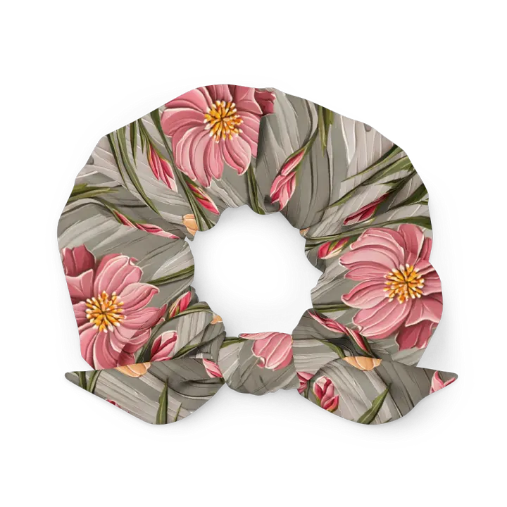 Hair Scrunchie - Painted Flowers in Shades of Yellow and Pink on a Textured Khaki Background product image (1)
