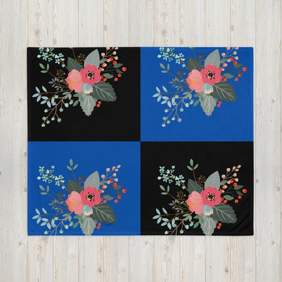 Flower on Black and Blue Pattern Throw Blanket | Floral Pattern Blanket product image (5)