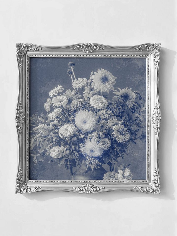 Sunflowers & Zinnias, Vintage Blue Monochrome Square (Printable) product image (1)