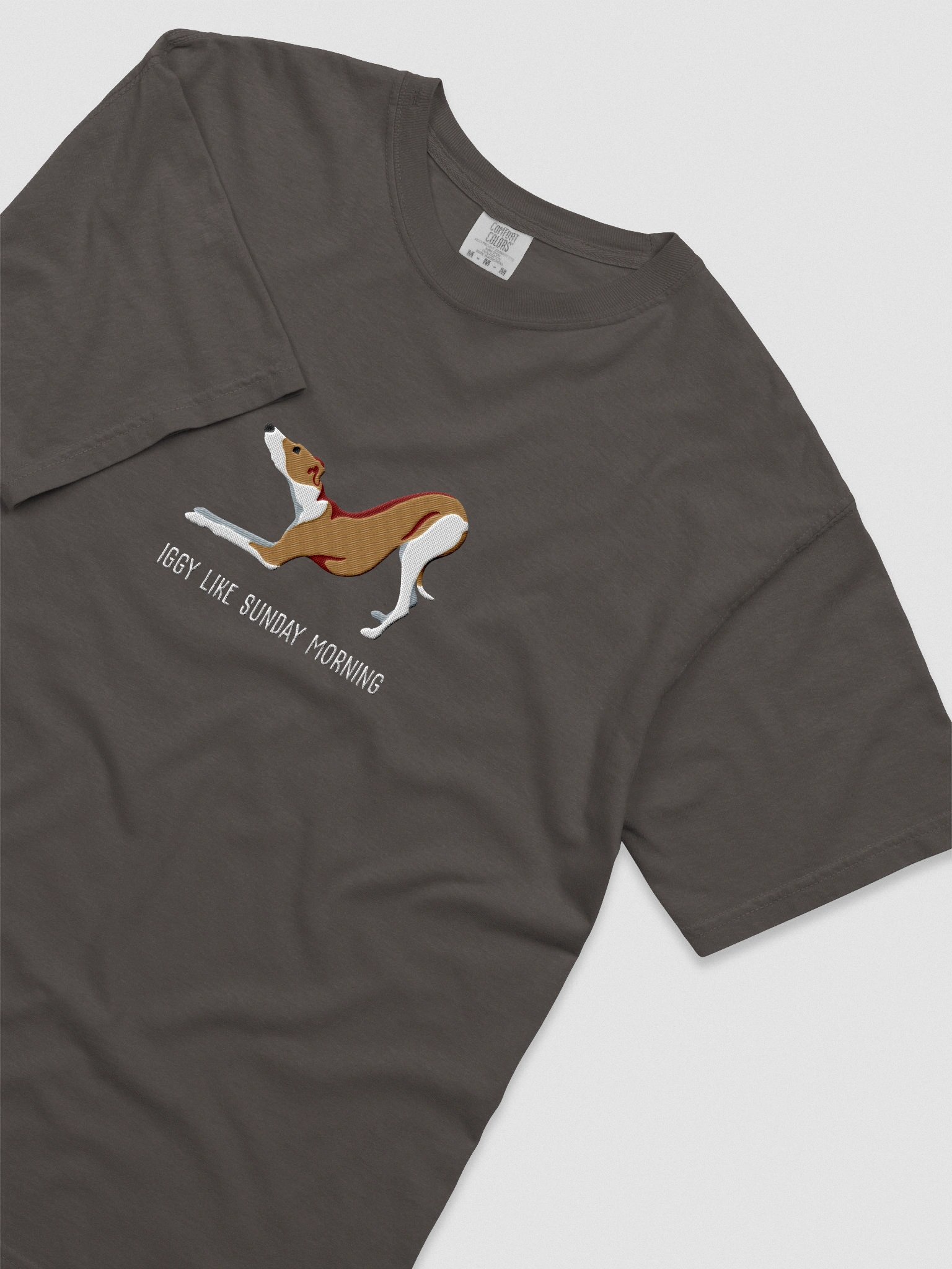 Iggy Like Sunday Morning T-Shirt(Embroidered) of an Italian Greyhound(Brown & White) product image (8)
