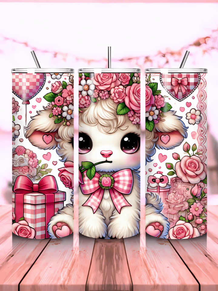 Highland Cow Valentine 20 oz Skinny Tumbler Wrap – cute cow sublimation PNG template, instant digital download product image (1)