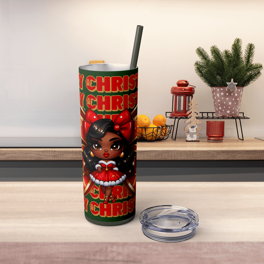 Merry Christmas Brown Holiday Doll Tumbler Wrap Design, Festive 20oz Sublimation PNG, Holiday Digital Download, Red Bow Christmas Tumbler product image (3)