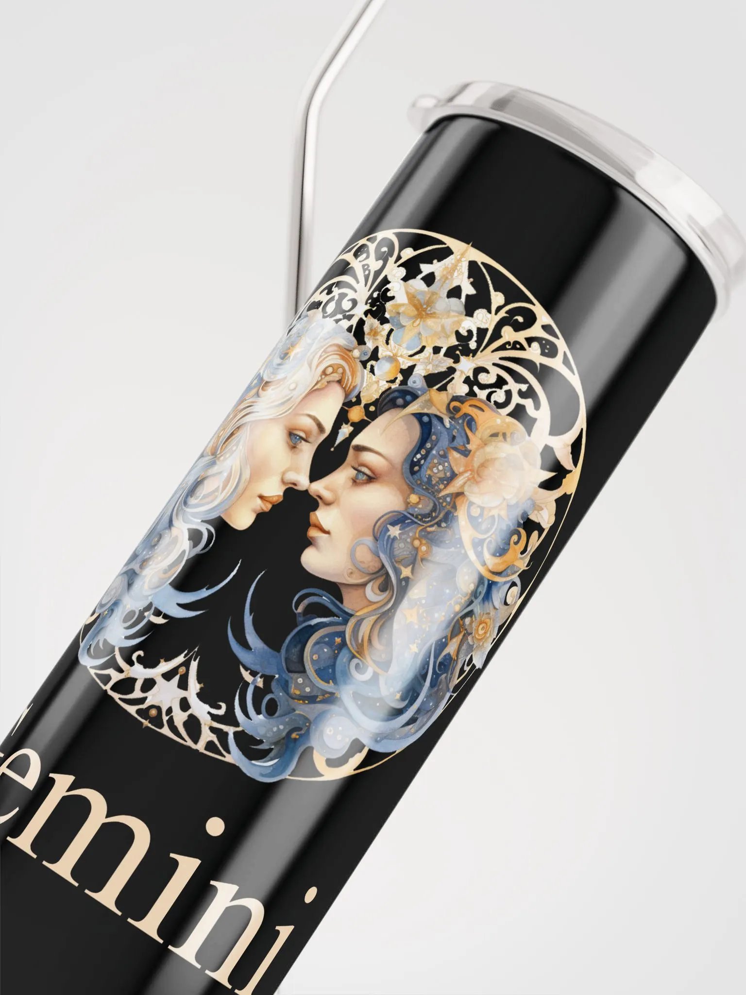 Illustrated Gemini Zodiac Stainless Steel Tumbler - 'Gemini' in Glamorous Gold product image (5)