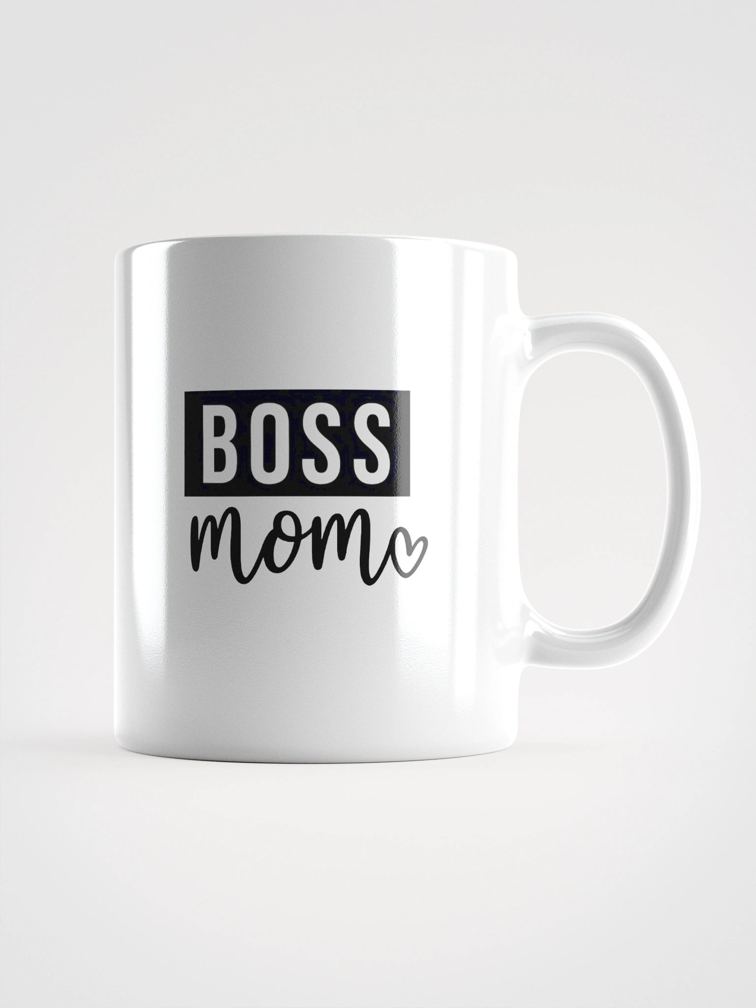 Boss Mom Mug – Bold Black Script on White Glossy Ceramic with Heart Accent product image (3)