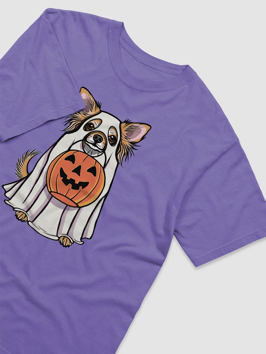 Funny Halloween Longhaired Chihuahua T-Shirt | Funny Chihuahua Wearing a Ghost Costume and Holding a Pumpkin Basket product image (29)