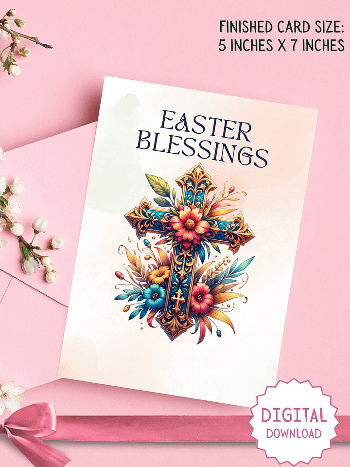 Easter Blessings Greeting Card with ornate vintage floral cross product image (1)