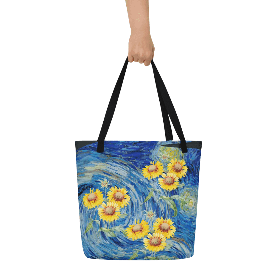 Big printed tote bag with Van Gogh inspired sunflowers and starry night  design product image (5)