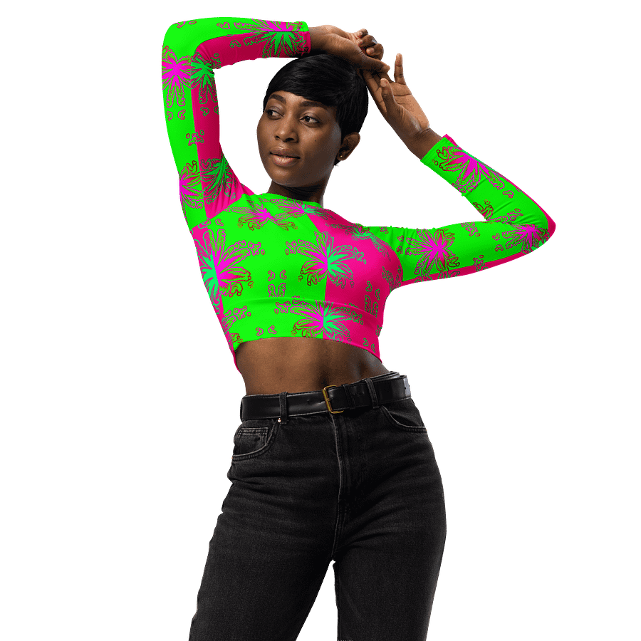Cannabis Stoner Circus Stripes Recycled Long-Sleeve Crop Top, 420 Summertime Beach Weed Shirt, Neon Green Hot Pink Pot Leaf Pattern Clothing product image (4)