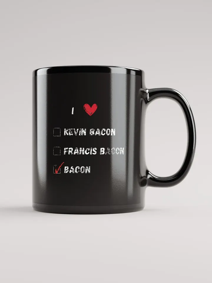 I love Kevin Bacon, Francis Bacon, Bacon, heart, funny pun, cute joke, ambidextrous left-handed right-handed tea coffee mug product image (1)