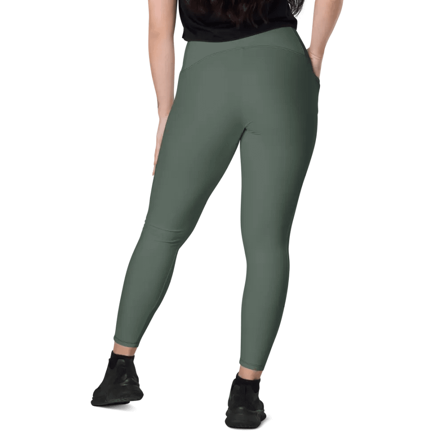 Plain Dark Sage Green Soft Summer Women's High Waisted Premium Crossover Leggings with Pockets by Treasure Pie product image (9)