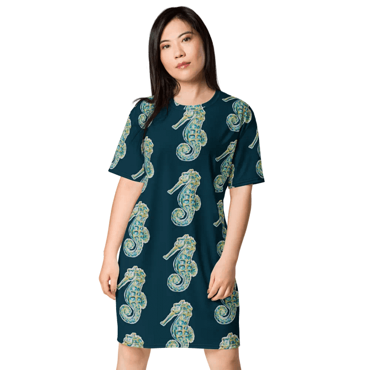 Women's | Ocean Majesty | Painted Seahorse | T-Shirt Dress | Coastal Oversized Dress | Ocean-Inspired Casual Style | Blue Whale Background product image (1)