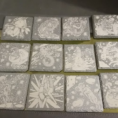 I've been playing with laser engraving again but on slate coasters this time. Unvarnished vs varnished. The varnish really br...