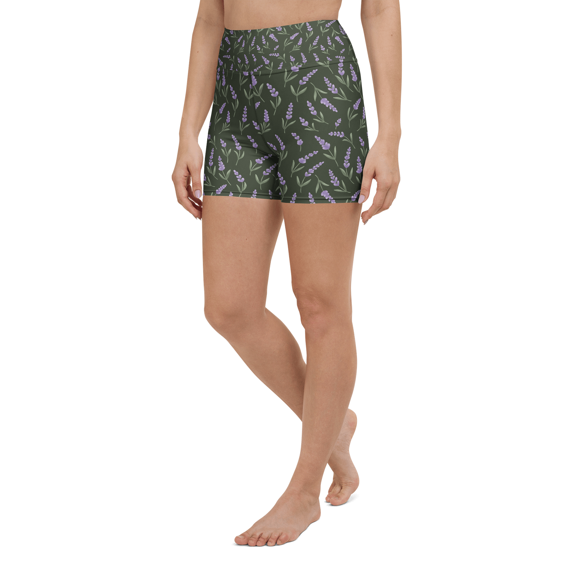All-Over print yoga shorts with lavender pattern on green background. Eco-Friendly activewear product image (5)