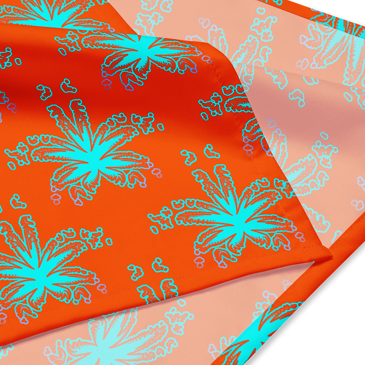 Orange Aqua Blue Budz Cannabis Beach Bandana, Stoner Summertime Style 420 Fashion Accessory, Weird Weed Leaves Pattern, Twisted Pot Leaf Art product image (3)