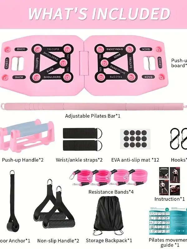 Home Gym Exercise Equipment - Portable Workout System 17 Fitness Accessories 9 In1 Push Up Board Set, Resistance Bands with Pilates Bar Strength Training Abs Shoulders Back Butt product image (8)
