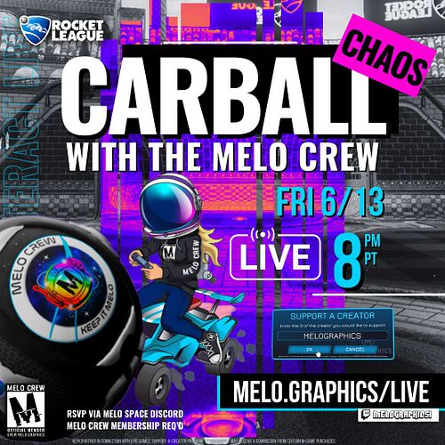 🔴 NEXT LIVE STREAM 6/13 8p PT 🔴 Instead of #MeloMonday I’ll be creating chaos with chill vibes on FRIDAY playing Rocket Leagu...