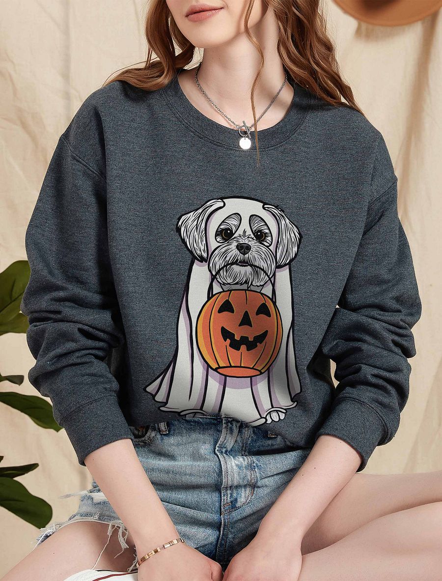 Funny Halloween Maltese Sweatshirt | Funny Maltese Wearing a Ghost Costume and Holding a Pumpkin Basket product image (5)
