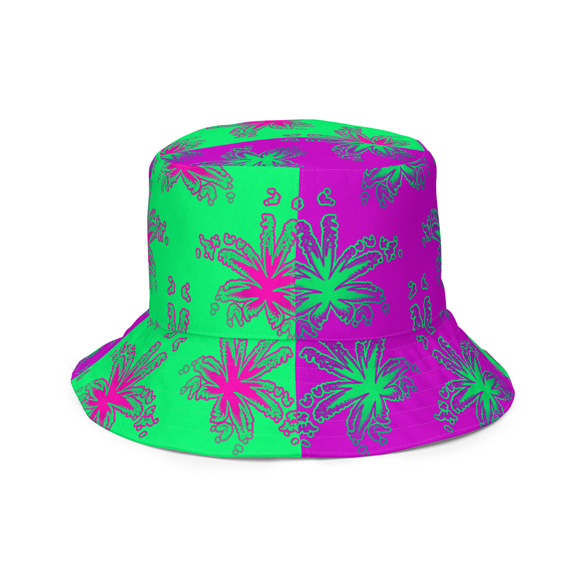 Cannabis Reversible Bucket Hat, Summertime Stoner Festival 420 Fashion, Weird Reefer Weed Accessory, Ganja Green Purple Pink Pot Leaf Art product image (7)