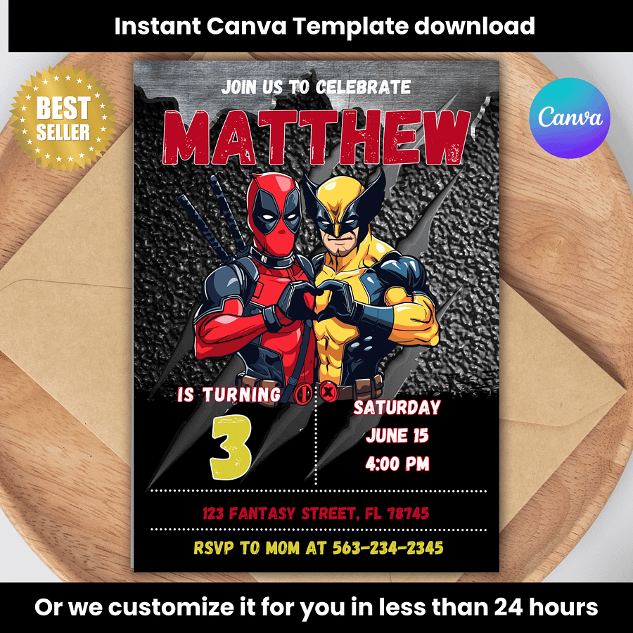 Digital Editable Text Deadpool 3 Birthday Invitation - Canva - Wolverine invite birthday invitation, movie digital birthday invitation digital product image (1)
