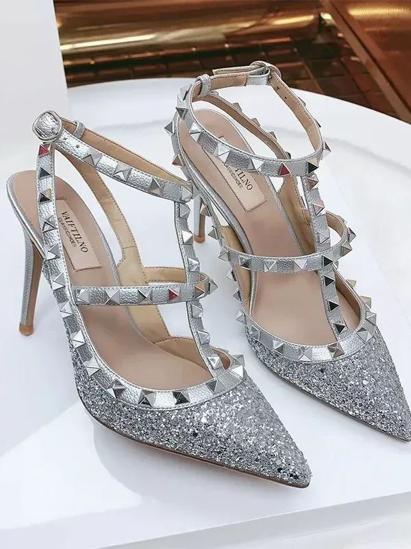 Genuine Leather Sandals Summer Rivets Sequin Pointed Pumps Classic Wedding Shoes product image (5)