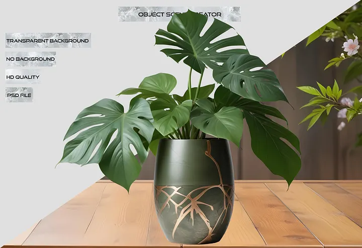 Zen Monstera – Elegant Green Kintsugi Vase with Monstera Leaves PNG product image (2)
