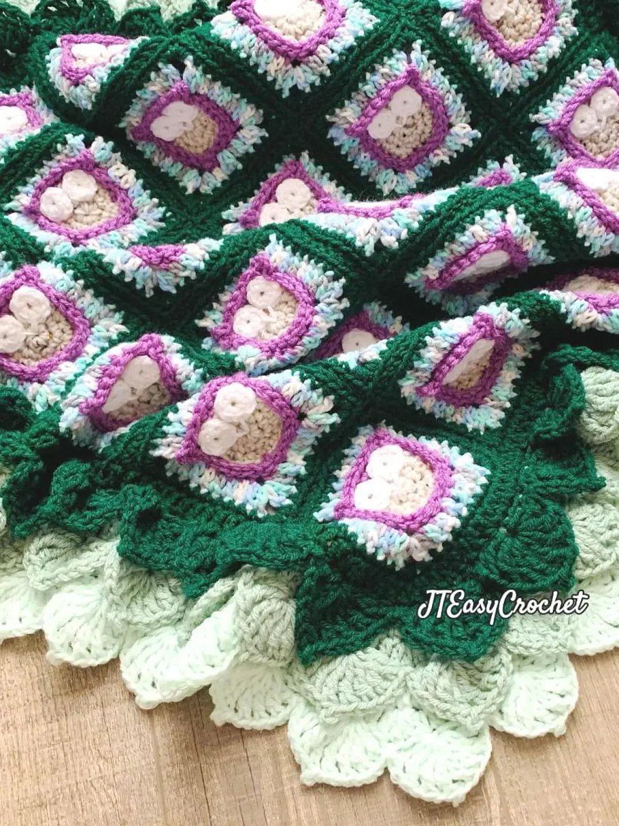 Whimsical Owls Forest Woodland Granny Square Blanket with Leaf Edging, Forest Theme Nursery Decor Crochet Pattern product image (3)