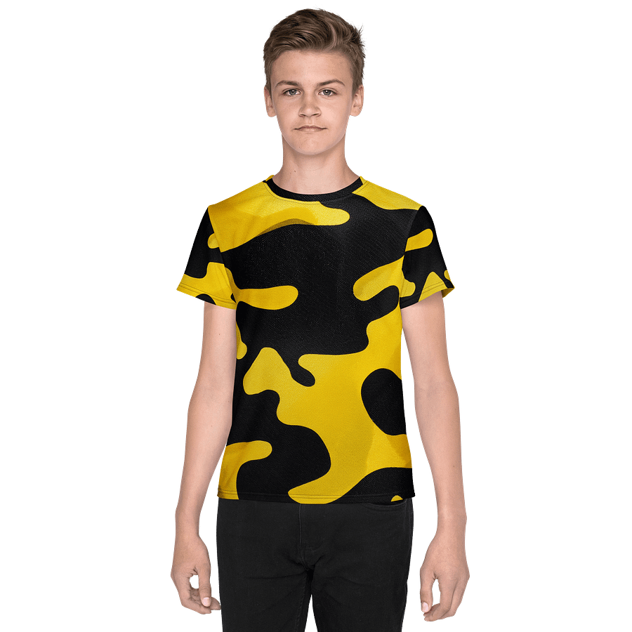 Youth Crew Neck T-Shirt black and yellow camo product image (1)