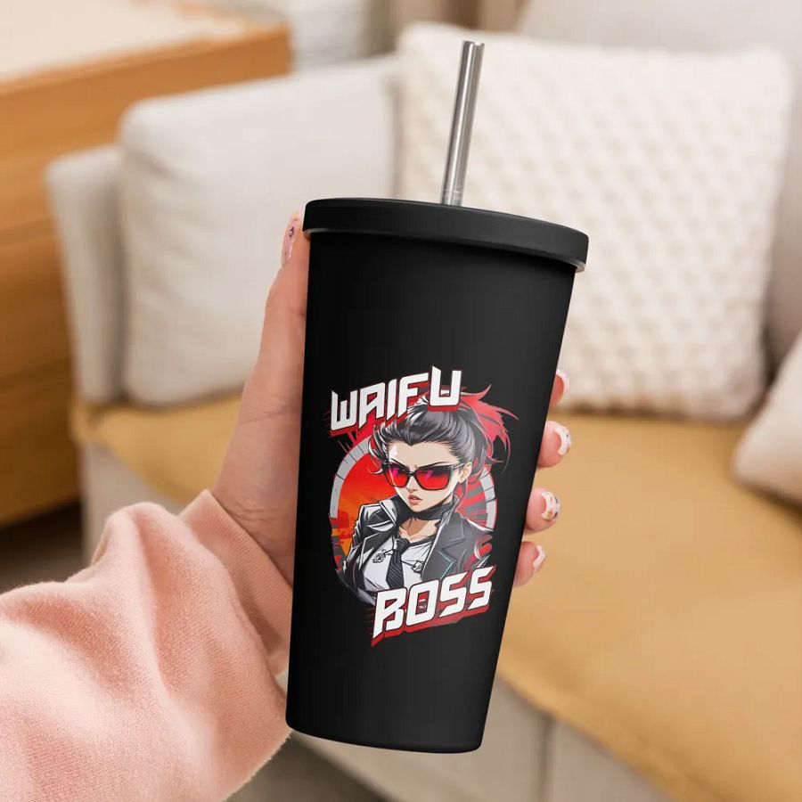 Waifu Boss 20 oz Tumbler Cup - Black - Insulated Tumbler with a Straw v1 product image (3)