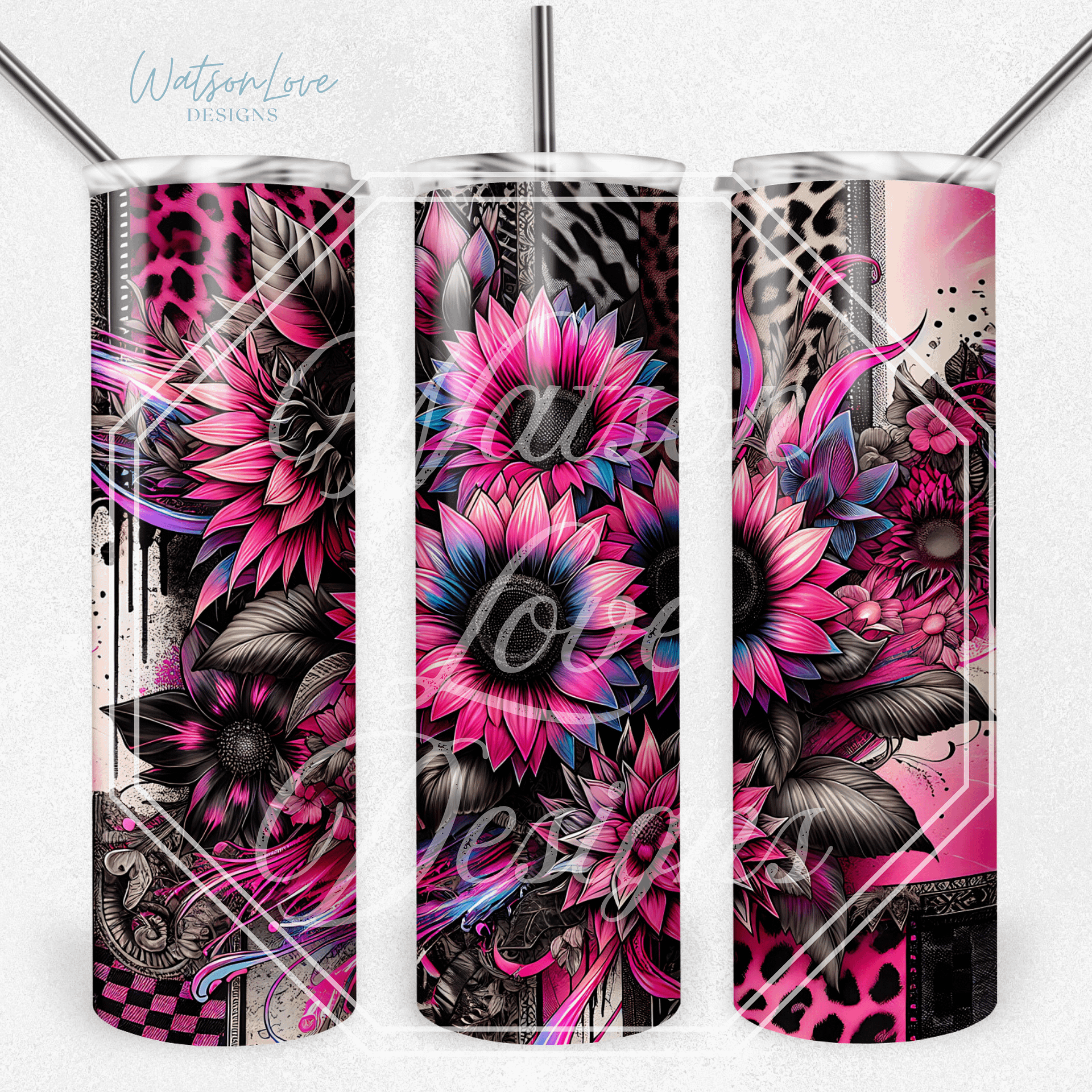 Neon Sunflowers 20 oz Skinny Tumbler Sublimation Design Digital Download PNG Instant DIGITAL ONLY Pink & Blue Tumbler Wrap product image (1)