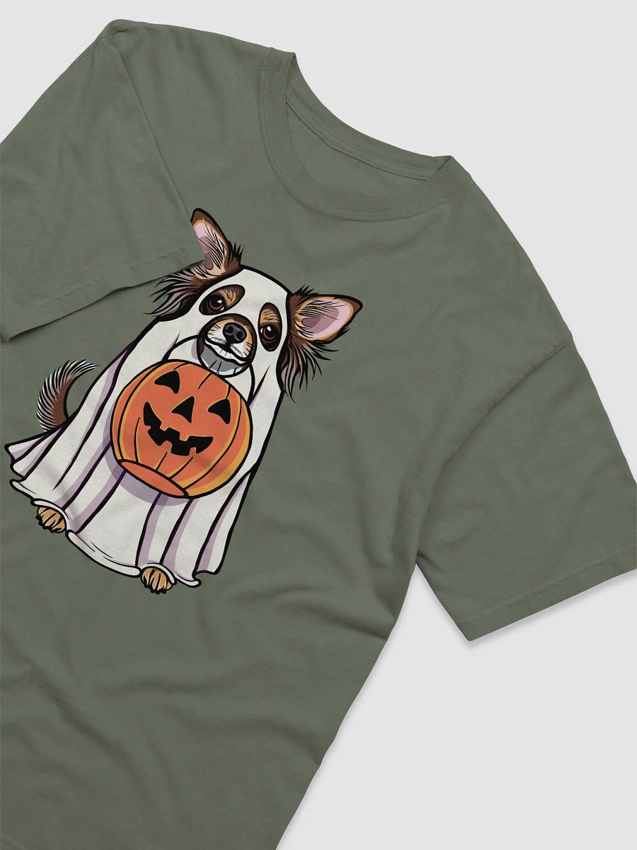 Funny Halloween Longhaired Chihuahua(Red Tricolor) T-Shirt | Funny Chihuahua Wearing a Ghost Costume and Holding a Pumpkin Basket product image (10)
