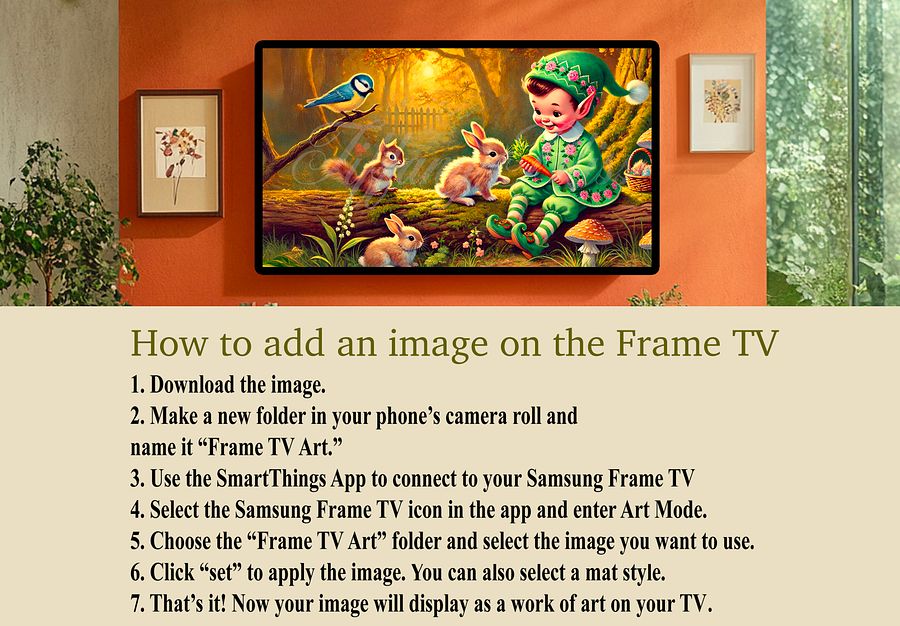 This TV Frame Art piece features a an adorable and cute baby bunny moving a dandelion with it's paw. You can see dandelion seeds blowing in the wind. Make a wish. product image (6)