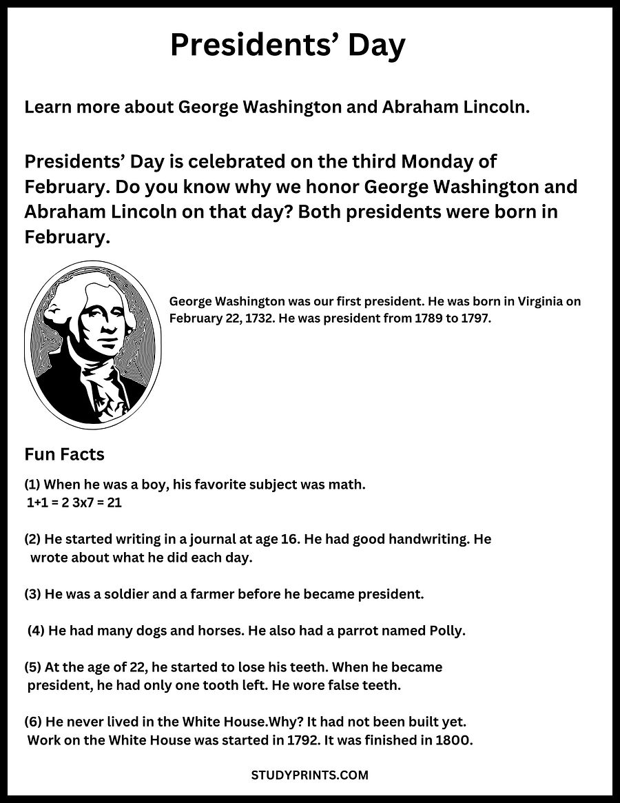 Presidents Day Reading Comprehension passages George Washington & Abraham Lincoln product image (2)