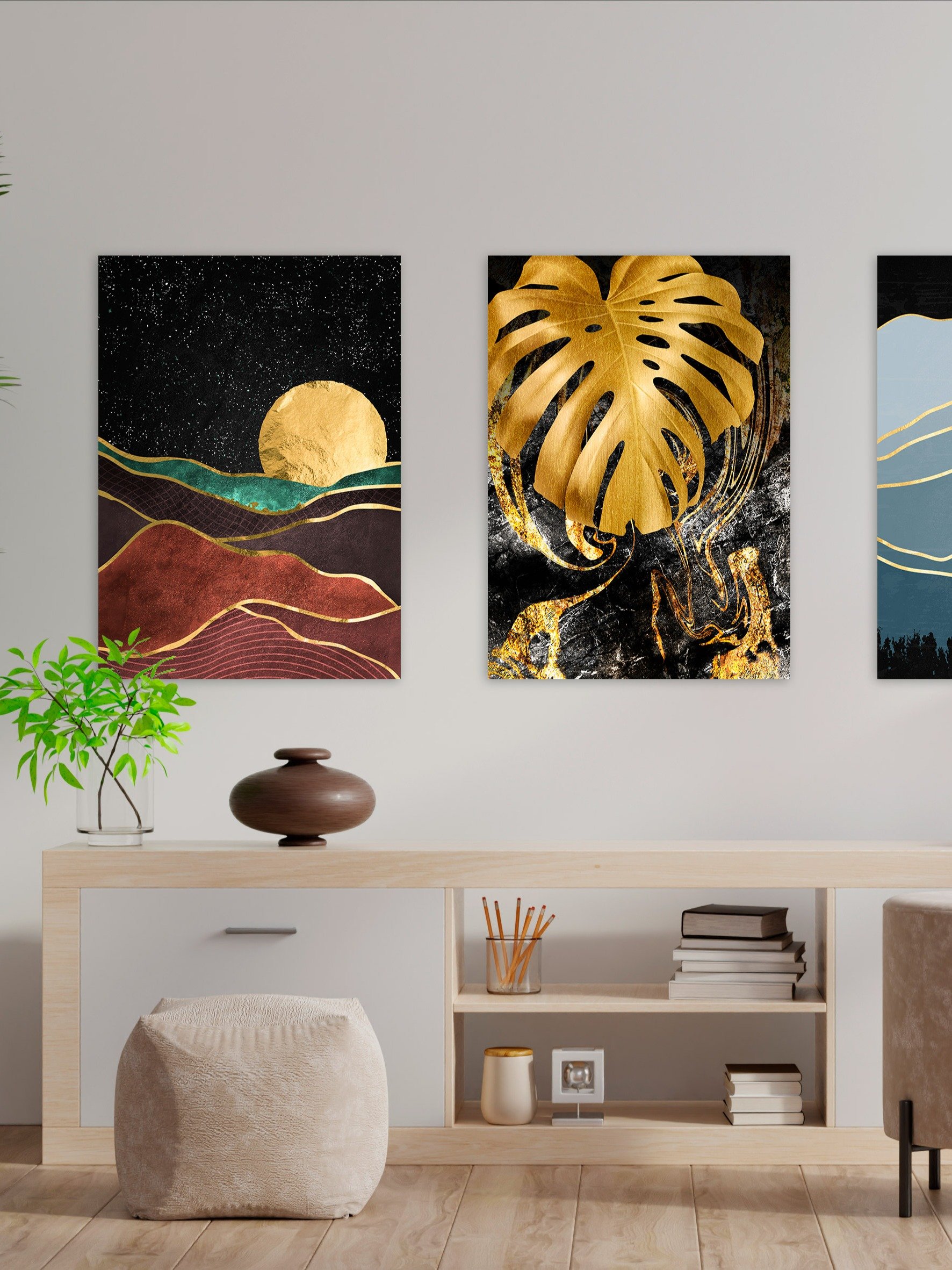 Golden landscape with moon #1 — Japanese golden poster, travel poster, aesthetic poster product image (2)
