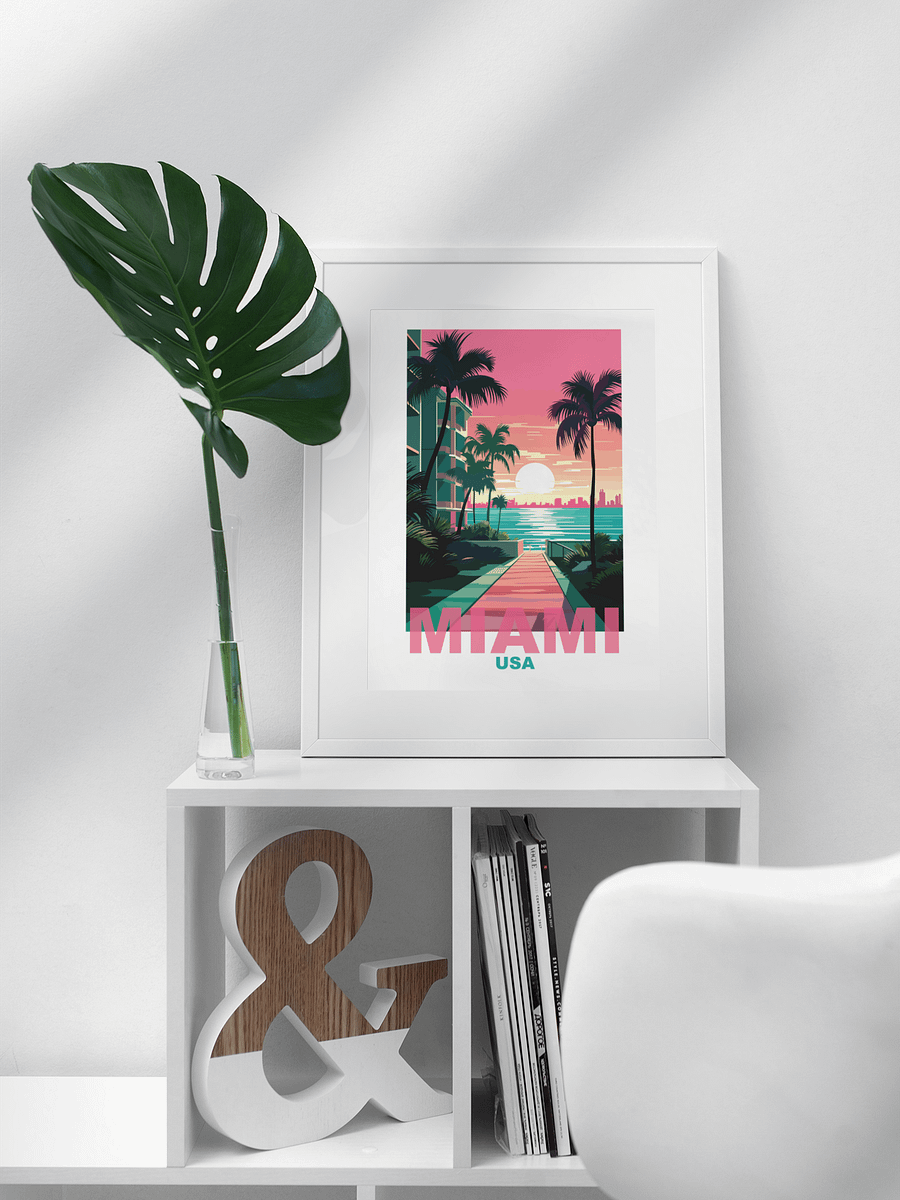 Tropical Sunset in Miami Art Print, Vibrant Beachside Palm Trees Poster, Retro Styled Miami USA Skyline, Coastal Wall Decor, Gift Idea product image (3)