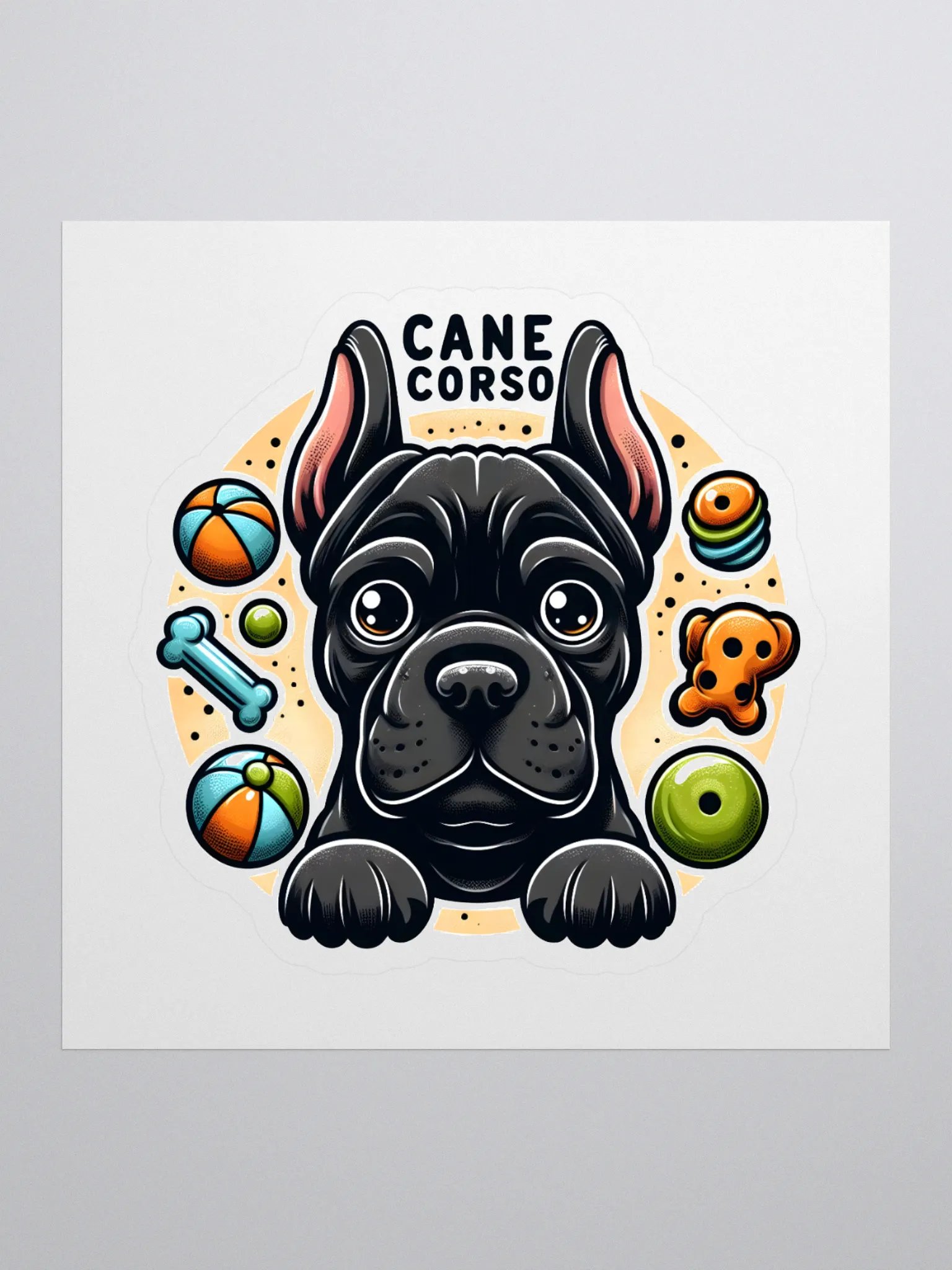 Black Cane Corso Surrounded by Toys Sticker – Fun Dog Lover Decal product image (1)