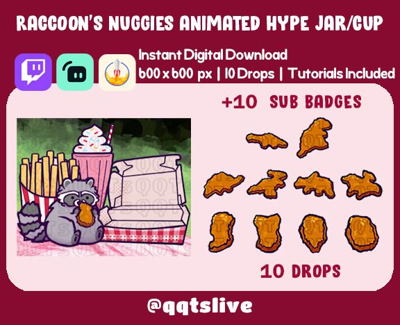 ANIMATED RACCOON NUGGETS Twitch Hype Jar - Stream Tip Cup + Sub Badges / Jar - 2 Layers - 10 Bit Options - Set Up Tutorial Included product image (1)