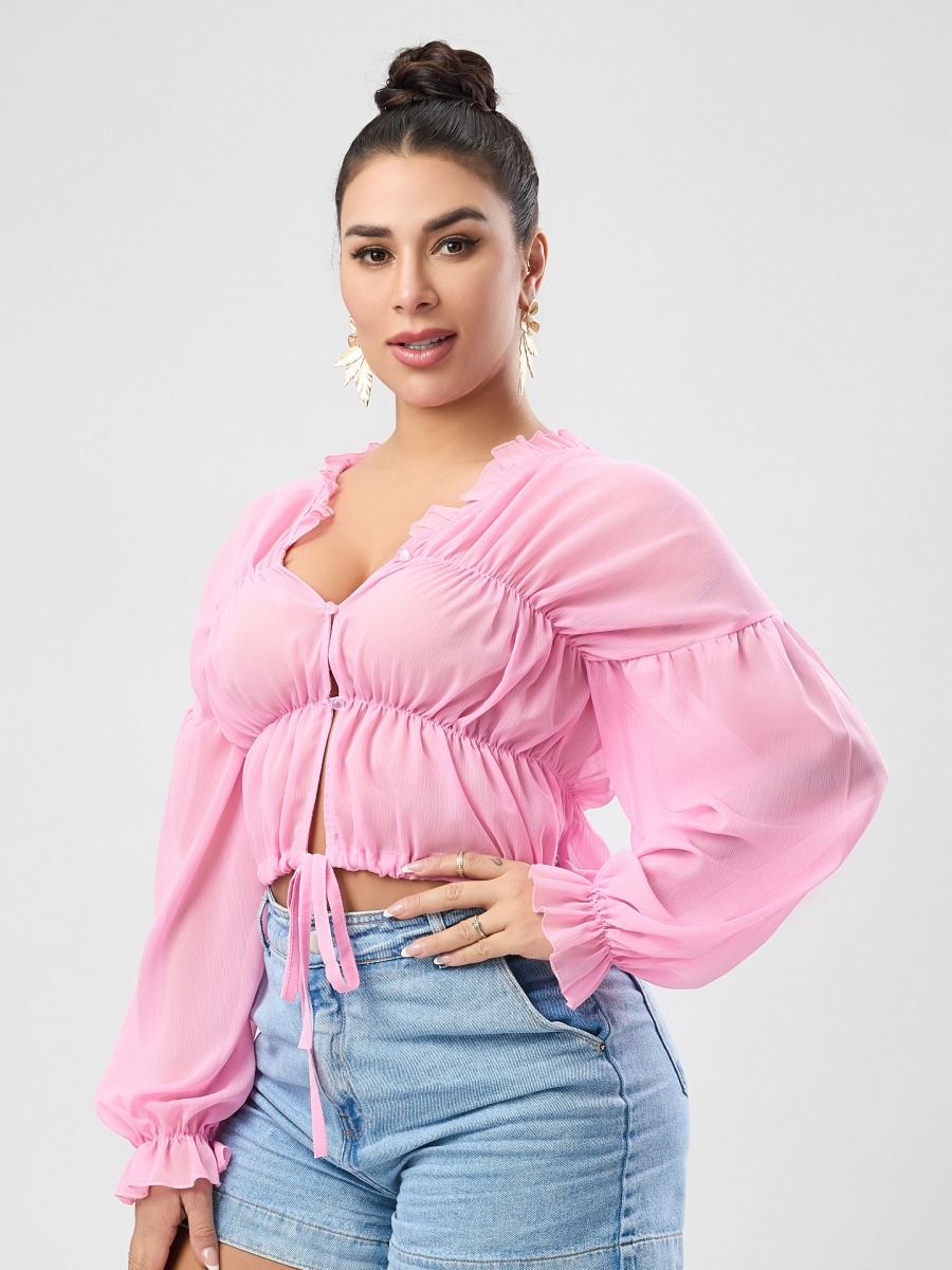 Sexy high quality non-stretch chiffon see through 4 colors v-neck drawstring top Wholesale product image (6)
